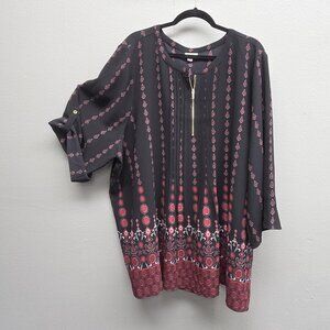 Avenue Tunic Top Womens 3X Black Red Boho Print Zip Neck Roll Tab Sleeve Blouse
